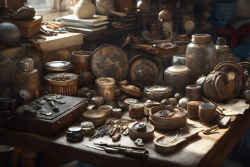 Fototapeta premium Antiques on flea market, vintage cultery and other vintage things. Collectibles memorabilia and garage sale concept. Selective focus