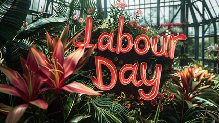 The words "Labour Day" written in elegant cursive script, fashioned from the delicate petals of blooming flowers in a lush botanical garden.