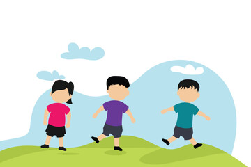 Happy children jumping on summer meadow for children day