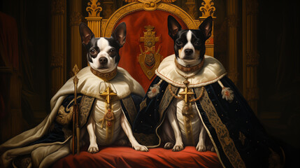 Comic animal 3D portrait, Closeup, Dog, Art, Feline, Pet, Sovereign. WE, SUBJECTS OF A NEW EMPIRE! Three-dimensional illustration of 2 royal pets dressed up as a King and a Queen of the Animal Kingdom