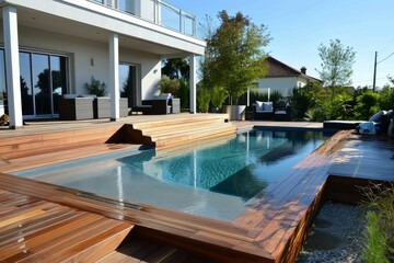 Fototapeta premium Luxurious outdoor setting showcasing a swimming pool with a wooden deck in a contemporary backyard