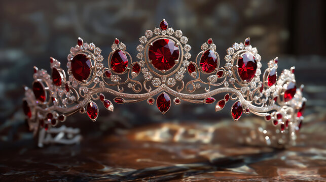 A small silver tiara with red sapphires, Diamonds, A silver crown with red gems