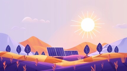 Illustration of solar panels in a field with a vibrant sun, symbolizing renewable energy concepts.