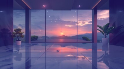 Illustration of a modern office interior with a blurred glass wall and a serene sunset landscape visible outside.