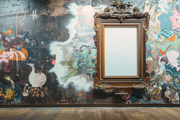 an gallery's side view presents a singular, elaborate wooden frame against a wall featuring a hand-painted mural