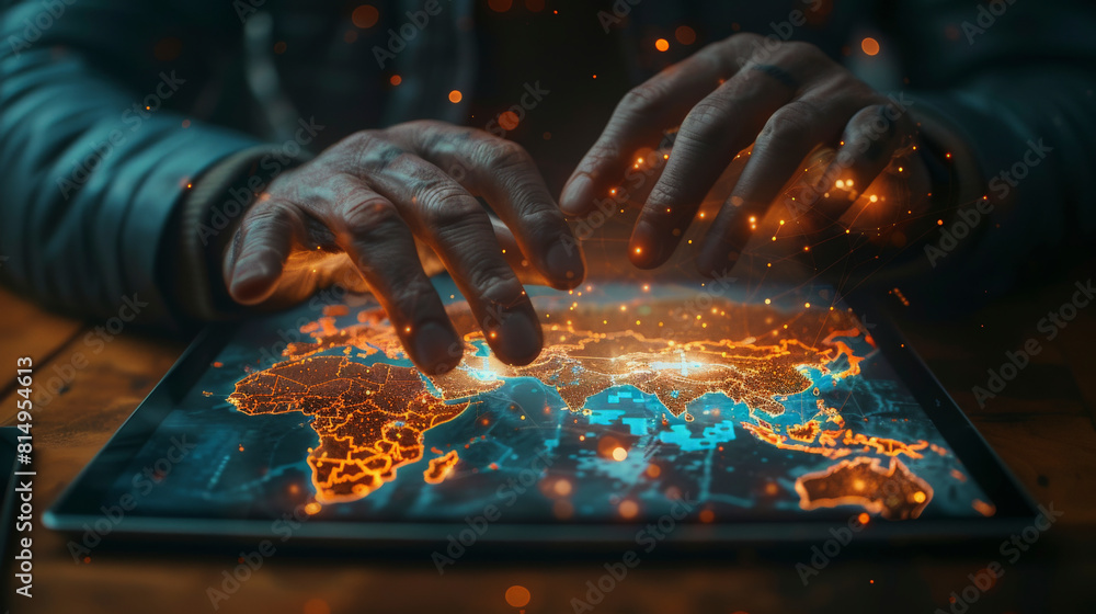 Aufkleber a person interacts with a tablet displaying a glowing digital world map, simulating a futuristic tec