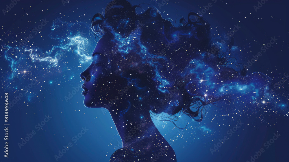 Wall mural a digital artwork of a woman's silhouette merging with a starry night sky, symbolizing the cosmos bl