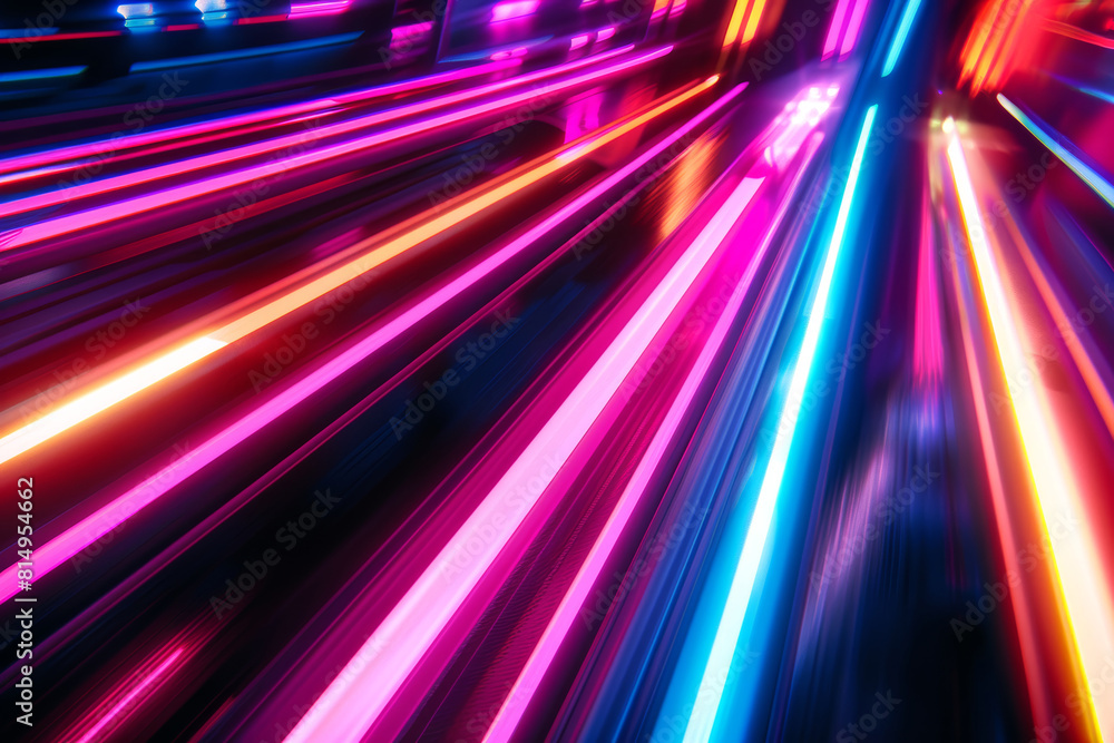 Poster glowing motion blur neon speed lines on a dark background, abstract futuristic laser electronic back