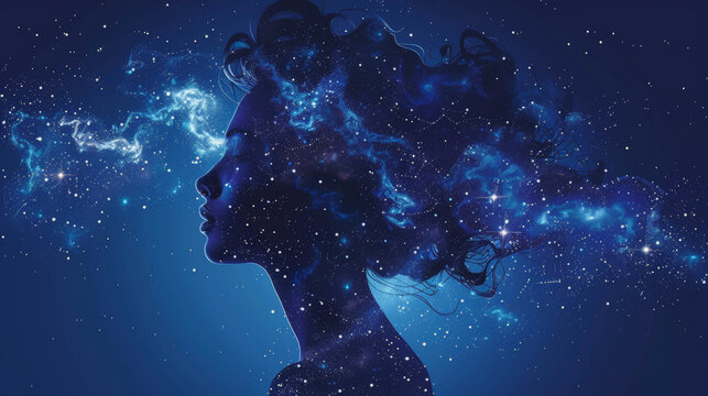 A digital artwork of a woman's silhouette merging with a starry night sky, symbolizing the cosmos blending with human imagination or consciousness.