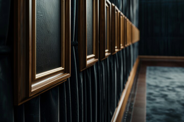 Obraz premium From the side perspective, a gallery corridor adorned with a row of small, elegant wooden frames against a luxurious black velvet wall exhibit exhibit