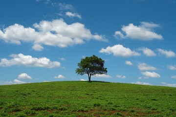 Digital image of  tree sits on top of a green field under blue sky and clouds