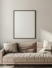 Mockup empty, blank poster frame, the frame has an aspect ratio of 3:4. frame hanging on a wall, with windows, some furniture, sofa, table, light