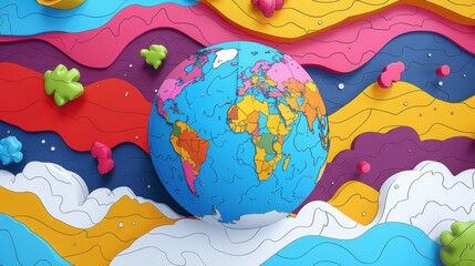 Colorful illustration of Earth on a vibrant multilayered wavy background symbolizing environmental diversity.
