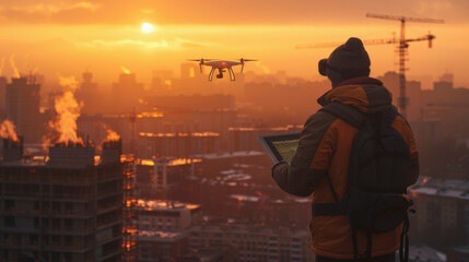 Fototapeta premium A person in a yellow jacket operates a drone at sunrise with city skyline and construction cranes in the background, suggesting urban development or surveillance.