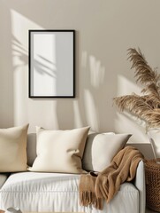 Mockup empty, blank poster frame, the frame has an aspect ratio of 3:4. frame hanging on a wall, with windows, some furniture, sofa, table, light