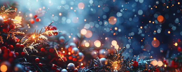 Christmas or New Year banner with festive decor, lights and snow blurred bokeh background. Border with evergreen plants, green fir pine branches, gold lights and red berries. - Powered by Adobe