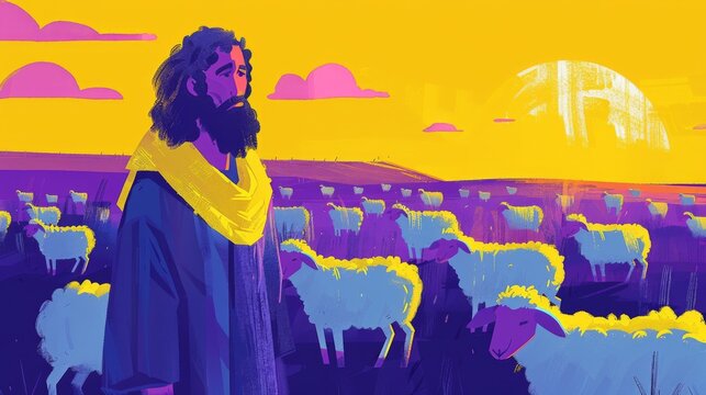 Illustration of Jesus Christ as a shepherd with sheep, one lamb separated, in a stylized colorful field.
