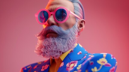 Fototapeta premium A stylish elderly man with a blue beard wearing bright floral clothing and pink round sunglasses against a pink background.
