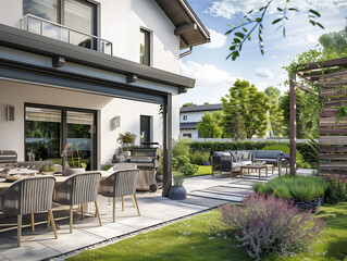 Eine sch&ouml;ne Gartenterrasse an einem Haus mit modernen Gartenm&ouml;beln. BBQ im Garten