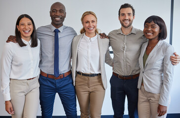 Group, together and standing in office with diversity for career, law firm with attorney or...