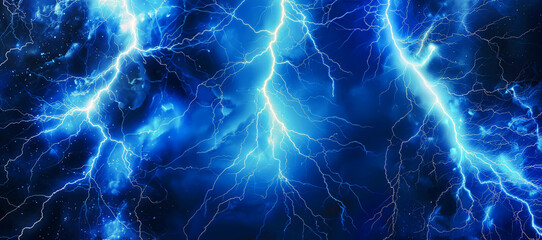 Flashes of lightning storm on dark blue sky background. Thunderstorm lightning background. Forces of nature, electricity generation, banner design.