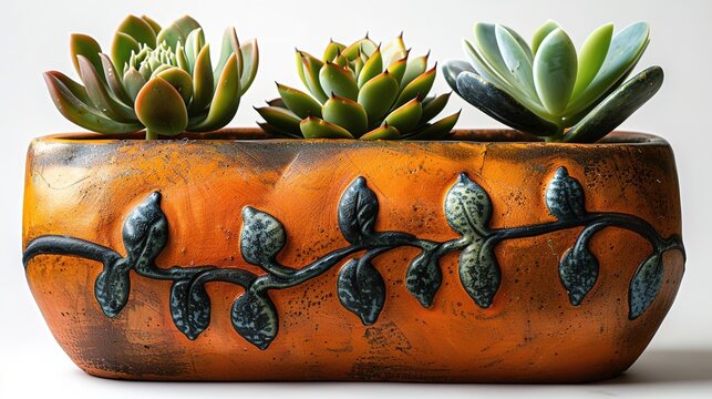 A close-up image of three succulents in an orange ceramic pot