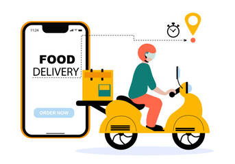 Express delivery, Delivery man driving a motorbike. Order from your phone. Service, order, fast, free and worldwide shipping. Food delivery vector