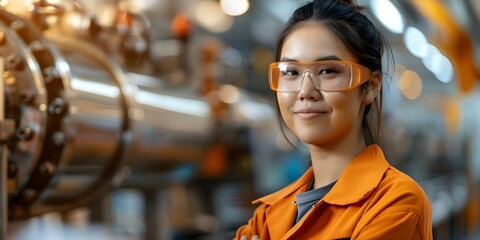 Proud Asian female engineer thriving in a modern factory environment. Concept Asian Engineer, Factory Environment, Modern Workplace, Female Empowerment, Professional Success