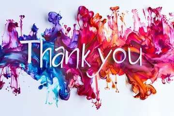 A vibrant image featuring a "Thank you" word sign crafted from paper, adorned with colorful spectrum paint brush strokes that swirl and blend over a pristine white background - Powered by Adobe