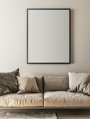 Mockup empty, blank poster frame, the frame has an aspect ratio of 3:4. frame hanging on a wall, with windows, some furniture, sofa, table, light
