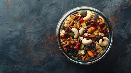 Trail mix in a glass jar, textured background, natural light, topdown view