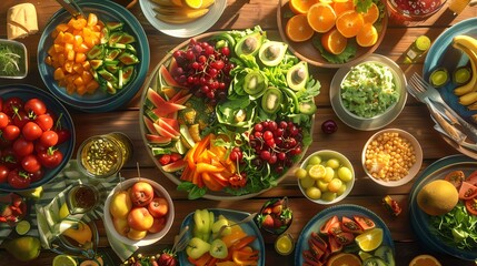 Vegan feast, colorful salads, bowls of fresh fruits, topdown view, bright natural light