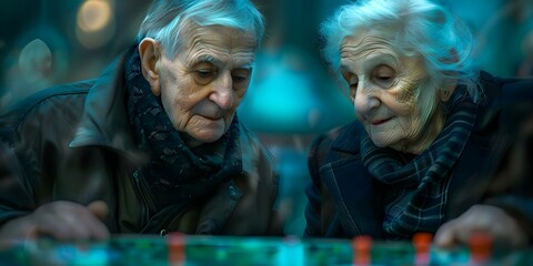 Obraz premium Elderly couple enjoying a table game in a retirement home setting. Concept Elderly Couple, Table Game, Retirement Home, Leisure Activity, Quality Time