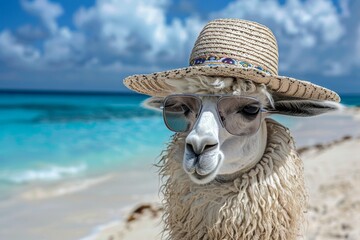 Llama in stylish accessories relaxing at beach   vacation leisure concept with space for text