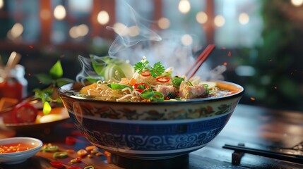 Vegan pho bowl, steam rising, wide bowl, side angle, vibrant colors, authentic street food style