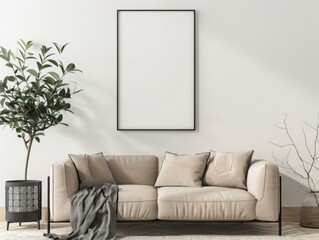 Mockup empty, blank poster frame, the frame has an aspect ratio of 3:4. frame hanging on a wall, with windows, some furniture, sofa, table, light