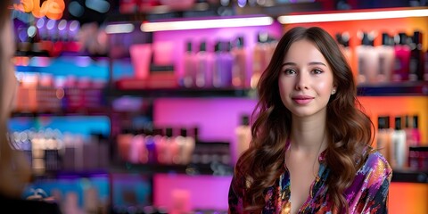 A young beauty blogger live streaming in an online cosmetics store showcasing products on store shelves. Concept Beauty Blogging, Live Streaming, Online Cosmetics Store, Product Showcase