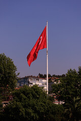 Turkish flag, on a red background white star and moon. Flag flies in the wind, public place.