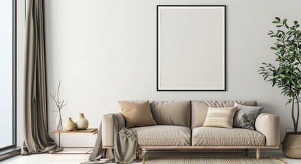 Mockup empty, blank poster frame, the frame has an aspect ratio of 3:4. frame hanging on a wall, with windows, some furniture, sofa, table, light