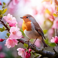 a robin bird is sitting in a sunny spring garden on a branch of an apple tree with pink flowers,generate ai