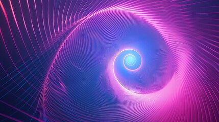 This graphic design features an abstract illusion of a spiral, composed of pink and violet neon lines intertwined with geometric shapes against a purple backdrop.