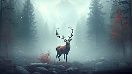 Majestic stag in a misty woods.