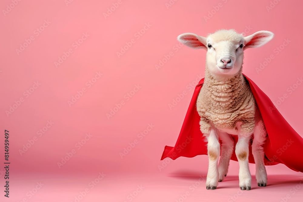 Aufkleber superhero sheep flying on pastel gradient background with ample space for text placement