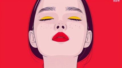 Illustration of a woman with vibrant pink makeup, closed eyes, and a serene expression.