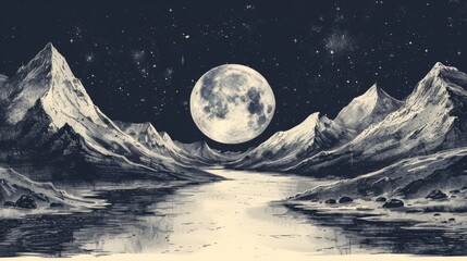 Abstract hand-painted watercolor illustration with a Japanese theme, depicting a tranquil moonlit mountain landscape and a reflective river.