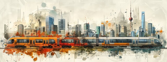 A train is traveling through a city with tall buildings in the background