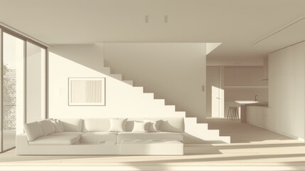 A minimalist Scandinavian-style interior with a white corner sofa near a fireplace, showcasing clean lines and a bright, airy space.