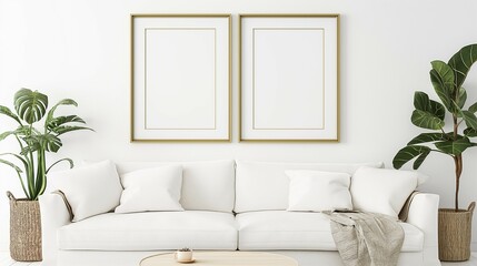 Fototapeta premium Frame mockup, stylish and modern style home living room white sofa background