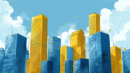 Illustration of towering reflective skyscrapers under a blue sky, with a vibrant yellow and blue color scheme.