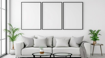 Frame mockup, stylish and modern style home living room white sofa background